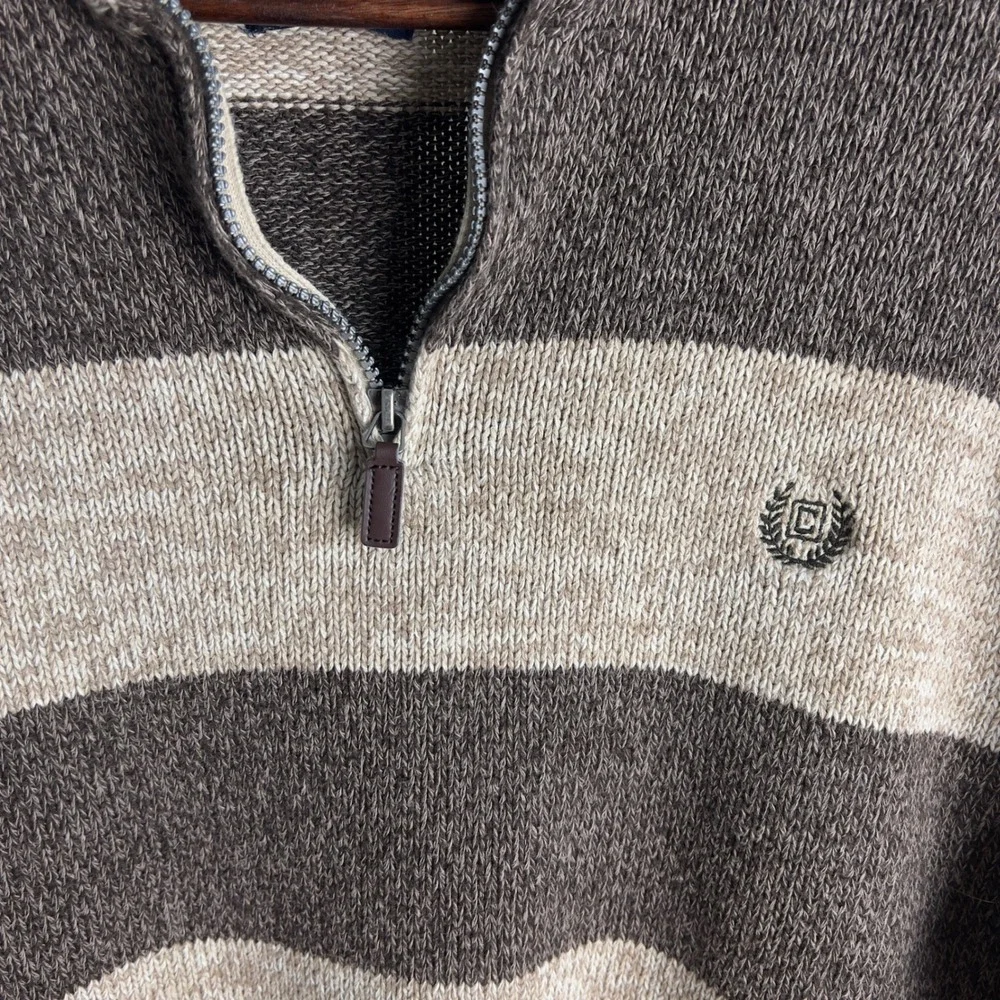 Chaps Mens XXL Brown Tan Striped 1/4 Zip Cotton Knit Mock Neck Sweater Pullover